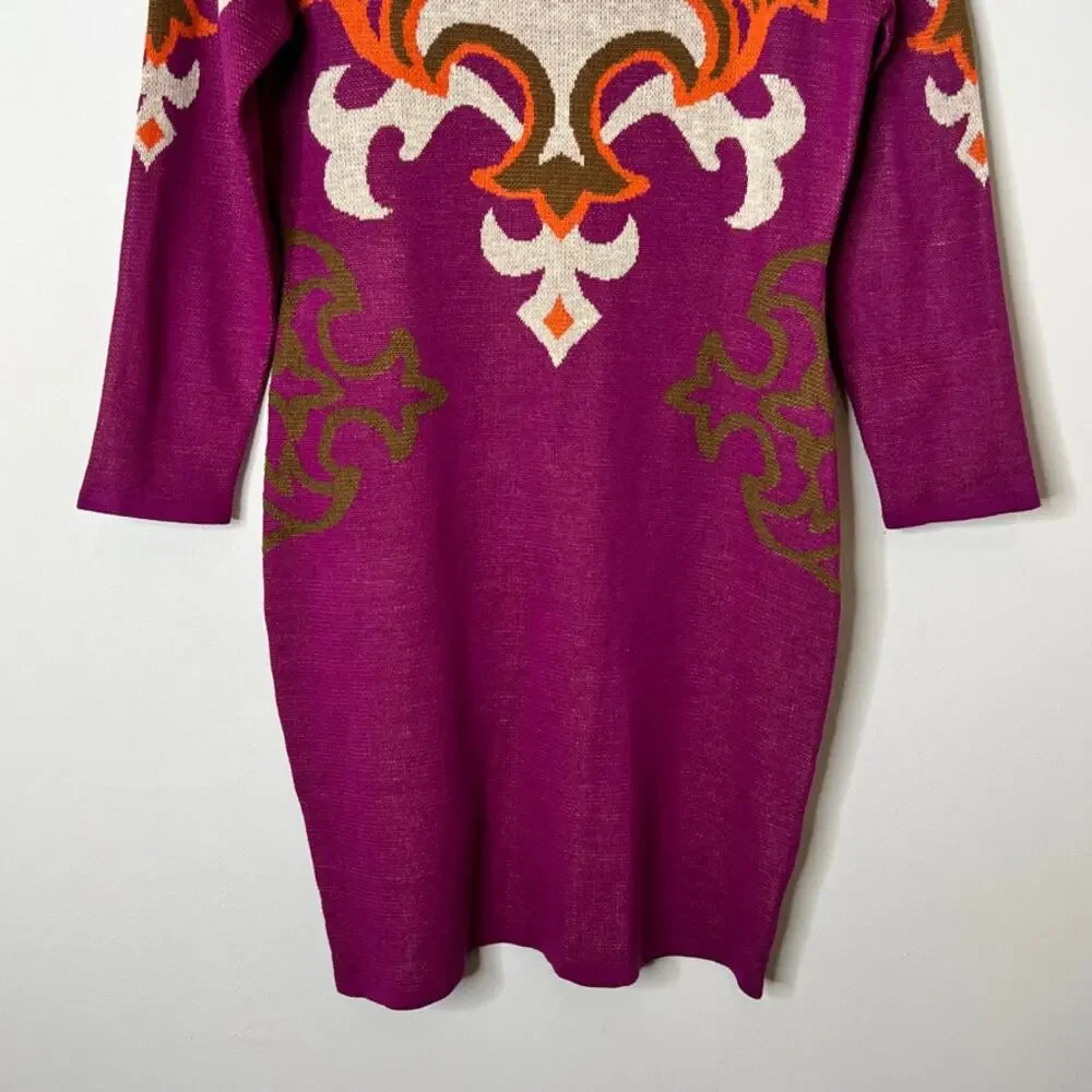 Francesca's Mi Ami Long Sleeve Knit Sweater Dress Purple Cream Womens Medium
